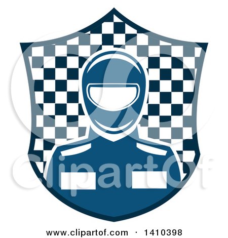 Clipart of a Blue Race Car Driver in a Checkered Shield - Royalty Free Vector Illustration by Vector Tradition SM
