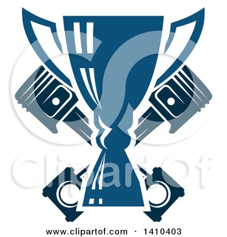 Clipart of a Blue Racing Trophy Cup Outlined in White, over Crossed Black Pistons - Royalty Free Vector Illustration by Vector Tradition SM