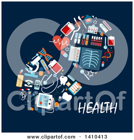 Clipart of a Flat Design Pill Made of Medical Icons with Text on Blue - Royalty Free Vector Illustration by Vector Tradition SM