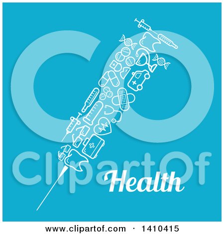 Clipart of a Vaccine Syringe Made of Medical Icons, with Text on Blue - Royalty Free Vector Illustration by Vector Tradition SM