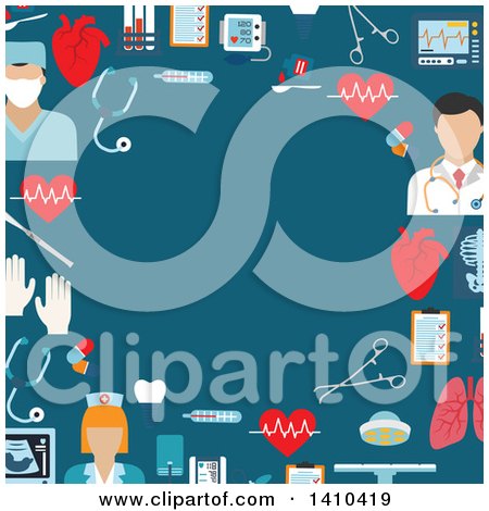 Clipart of a Flat Design Border of Medical Icons on Blue - Royalty Free Vector Illustration by Vector Tradition SM