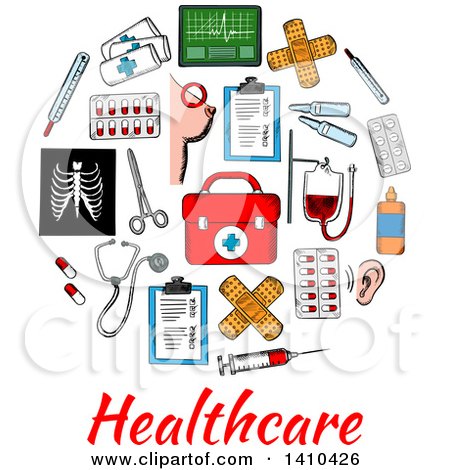 Clipart of a Circle Formed of Sketched Medical Icons with Text - Royalty Free Vector Illustration by Vector Tradition SM