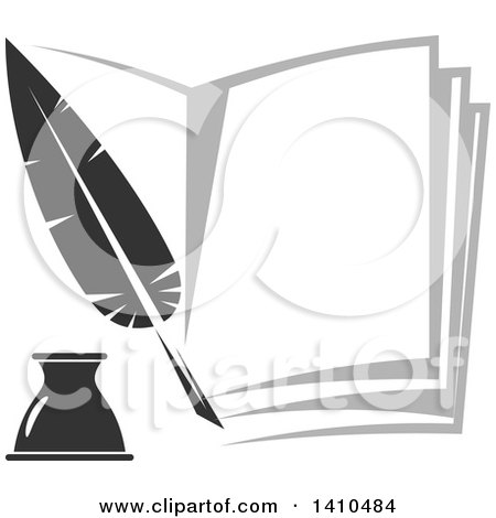 Clipart of a Grayscale Feather Quill and Book - Royalty Free Vector Illustration by Vector Tradition SM