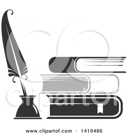 Clipart of a Grayscale Feather Quill and Books - Royalty Free Vector Illustration by Vector Tradition SM