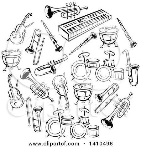 Clipart of a Circle of Black and White Musical Instruments - Royalty Free Vector Illustration by Vector Tradition SM