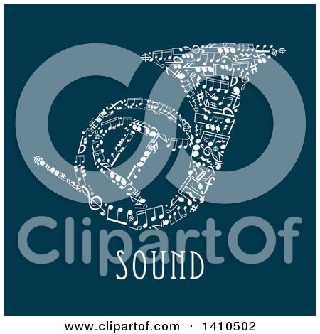 Clipart of a French Horn Made of White Music Notes, with Sound Text on Teal - Royalty Free Vector Illustration by Vector Tradition SM