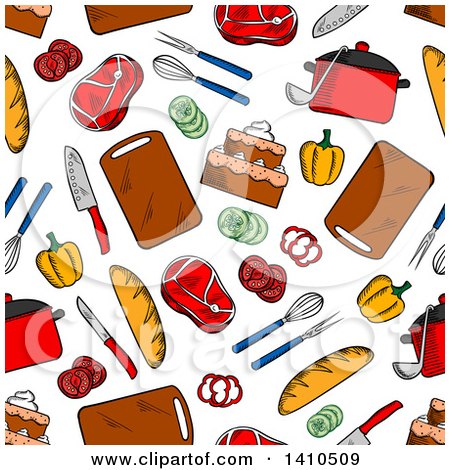 Clipart of a Seamless Background Pattern of Sketched Cutting Boards and Foods - Royalty Free Vector Illustration by Vector Tradition SM