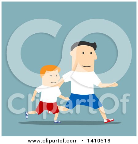 Clipart of a Flat Design Caucasian Father and Son Running, on Blue - Royalty Free Vector Illustration by Vector Tradition SM