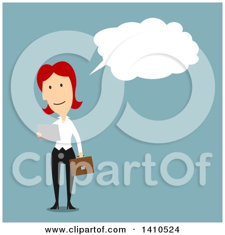 Clipart of a Flat Design White Business Woman Reading a Letter and Thinking, on Blue - Royalty Free Vector Illustration by Vector Tradition SM