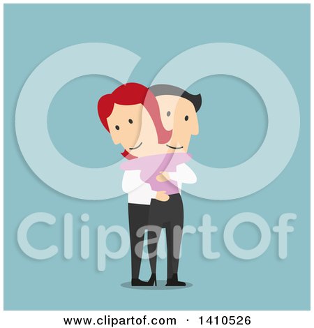 Clipart of a Flat Design Caucasian Couple Hugging, on Blue - Royalty Free Vector Illustration by Vector Tradition SM