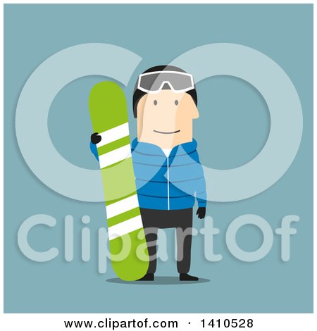 Clipart of a Flat Design Caucasian Man with a Snowboard, on Blue - Royalty Free Vector Illustration by Vector Tradition SM
