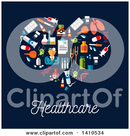 Clipart of a Flat Design Heart Made of Medical Icons, with Text on Blue - Royalty Free Vector Illustration by Vector Tradition SM