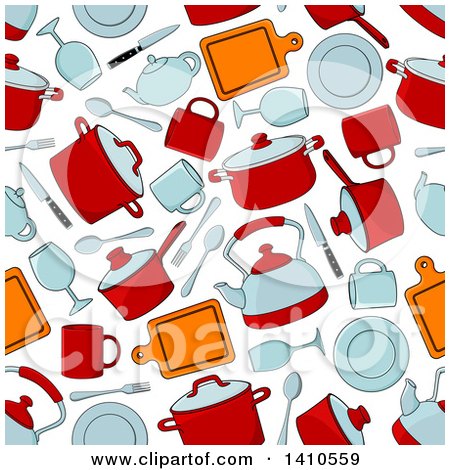 Clipart of a Seamless Background Pattern of Pots and Kitchen Items - Royalty Free Vector Illustration by Vector Tradition SM