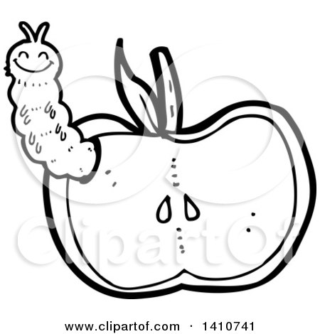 Clipart of a Cartoon Black and White Lineart Worm in an Apple - Royalty Free Vector Illustration by lineartestpilot