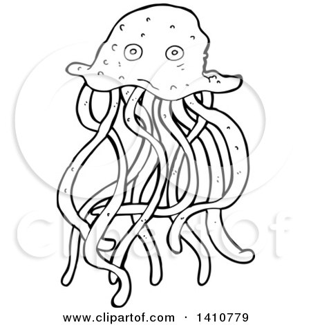 Clipart of a Black and White Lineart Jellyfish - Royalty Free Vector Illustration by lineartestpilot