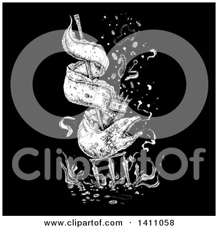 Clipart of a Black and White Eel Coiled Around a Trident and Wearing a Crown, Jewels Falling Down, on Black - Royalty Free Vector Illustration by lineartestpilot