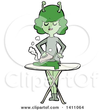 Clipart of a Cartoon Female Alien Ironing Laundry - Royalty Free Vector Illustration by lineartestpilot