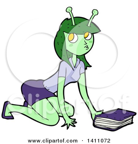 Clipart of a Cartoon Female Alien Kneeling by a Book - Royalty Free Vector Illustration by lineartestpilot