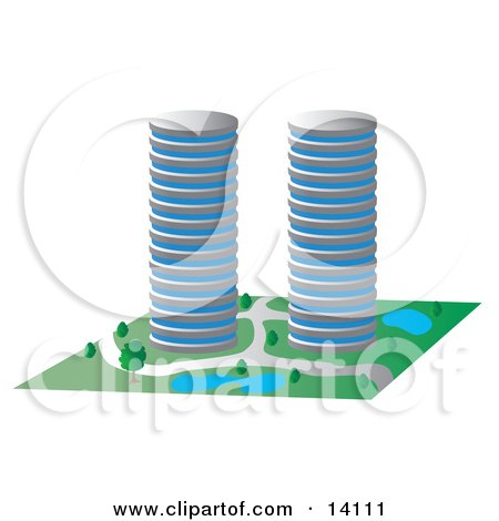 Two Circular Buildings With Ponds Clipart Illustration by Rasmussen Images