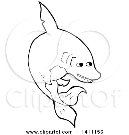 Clipart of a Black and White Lineart Shark - Royalty Free Vector Illustration by lineartestpilot
