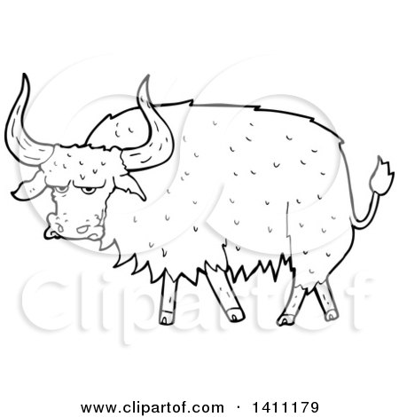Clipart of a Cartoon Black and White Lineart Long Haired Cow Bull - Royalty Free Vector Illustration by lineartestpilot