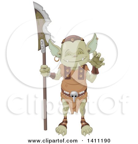 Clipart of a Cute Goblin Gesturing and Holding a Weapon - Royalty Free Vector Illustration by Pushkin