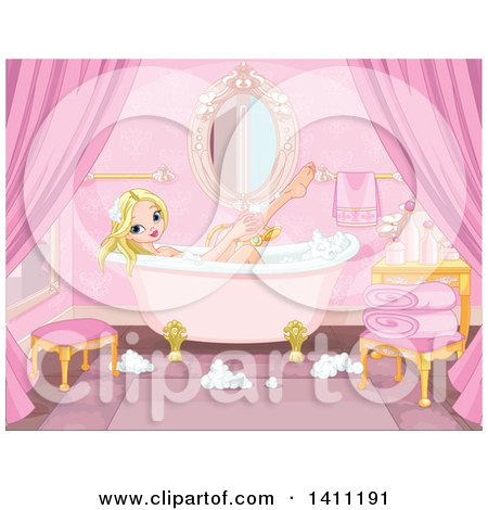 Clipart of a Blond Caucasian Princess Washing with a Sponge in a Bubble Bath - Royalty Free Vector Illustration by Pushkin