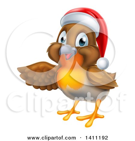Clipart of a Presenting Cheerful Christmas Robin in a Santa Hat - Royalty Free Vector Illustration by AtStockIllustration
