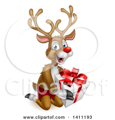 Clipart of a Happy Rudolph Red Nosed Reindeer Kneeling and Holding a Gift - Royalty Free Vector Illustration by AtStockIllustration