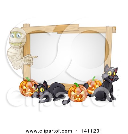 Clipart of a Halloween Mummy Pointing to a White Board Sign with Pumpkins and Black Cats - Royalty Free Vector Illustration by AtStockIllustration