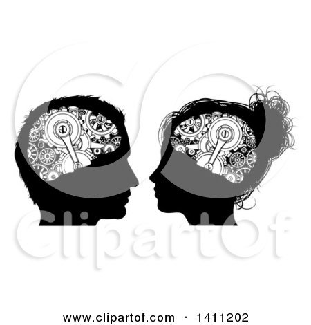 Clipart of Black and White Silhouetted Male and Female Heads with Visible Gear Cogs in Their Brains - Royalty Free Vector Illustration by AtStockIllustration