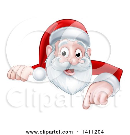 Clipart of a Cartoon Happy Christmas Santa Claus Pointing down over a Sign - Royalty Free Vector Illustration by AtStockIllustration