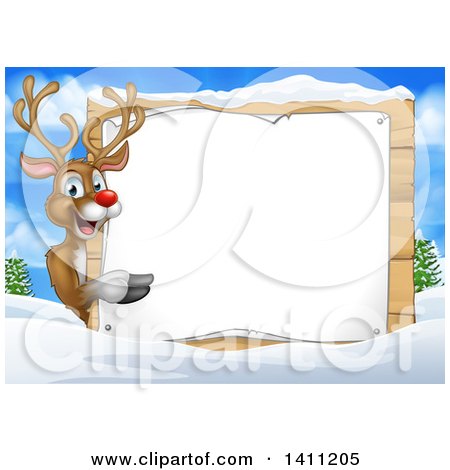Clipart of a Happy Rudolph Red Nosed Reindeer Pointing Around a Sign over a Winter Landscape - Royalty Free Vector Illustration by AtStockIllustration