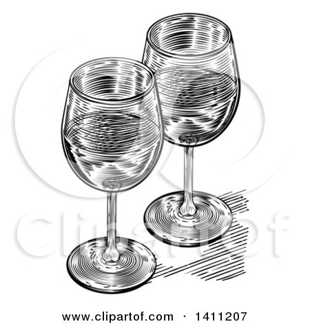 Clipart of a Black and White Engraved Pair of Wine Glasses - Royalty Free Vector Illustration by AtStockIllustration