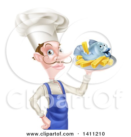 Clipart of a White Male Chef with a Curling Mustache, Holding a Fish and Chips on a Tray - Royalty Free Vector Illustration by AtStockIllustration