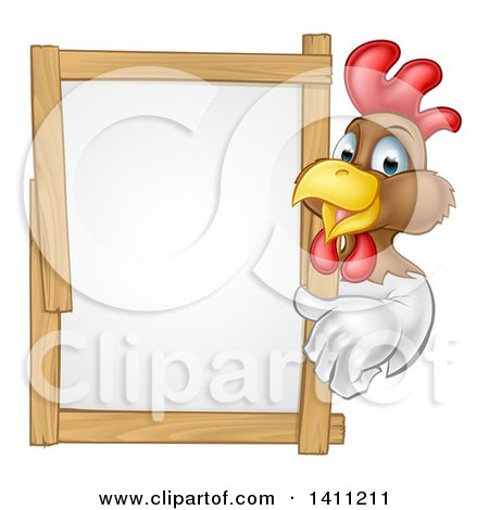 Clipart of a Happy White and Brown Chicken or Rooster Giving a Thumb up Around a Sign - Royalty Free Vector Illustration by AtStockIllustration