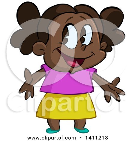 Clipart of a Cartoon Happy Black Girl Welcoming or Presenting - Royalty Free Vector Illustration by yayayoyo