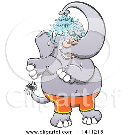 Clipart of a Cartoon Happy Elephant Wearing Shorts and Showering with His Trunk - Royalty Free Vector Illustration by Zooco
