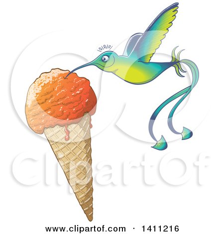 Clipart of a Cartoon Hummingbird Eating Ice Cream from a Waffle Cone - Royalty Free Vector Illustration by Zooco