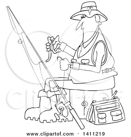 Clipart of a Cartoon Black and White Lineart Fisherman Putting a Worm on a Hook - Royalty Free Vector Illustration by djart