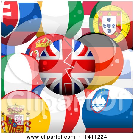 Clipart of a 3d Broken British Sphere over European Flag Spheres - Royalty Free Vector Illustration by elaineitalia