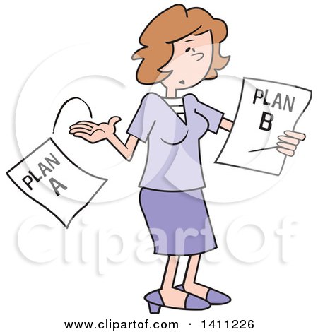 Clipart of a Cartoon Caucasian Woman Moving on to Plan B - Royalty Free Vector Illustration by Johnny Sajem