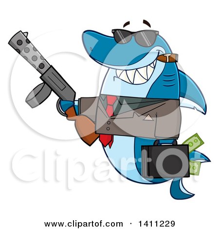 Clipart of a Cartoon Happy Shark Mascot Character Gangster Businessman Smoking a Cigar, Holding a Briefcase Full of Money and a Gun - Royalty Free Vector Illustration by Hit Toon