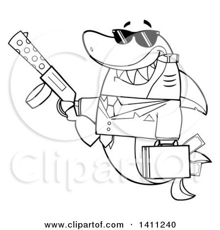 Clipart of a Cartoon Black and White Lineart Happy Shark Mascot Character Gangster Businessman Smoking a Cigar, Holding a Briefcase Full of Money and a Gun - Royalty Free Vector Illustration by Hit Toon