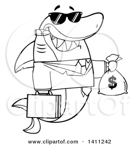 Clipart of a Cartoon Black and White Lineart Business Shark Mascot Character Wearing Sunglasses, Smoking a Cigar and Holding a Money Bag - Royalty Free Vector Illustration by Hit Toon