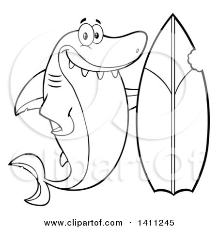 Clipart of a Black and White Lineart Cartoon Happy Shark Mascot Character with a Bite Taken out of a Surf Board - Royalty Free Vector Illustration by Hit Toon