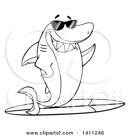Clipart of a Cartoon Black and White Lineart Happy Shark Mascot Character Waving, Wearing Sunglasses and Surfing - Royalty Free Vector Illustration by Hit Toon