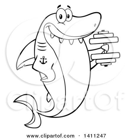 Clipart of a Cartoon Black and White Lineart Happy Tattooed Shark Mascot Character Working out with a Dumbbell - Royalty Free Vector Illustration by Hit Toon