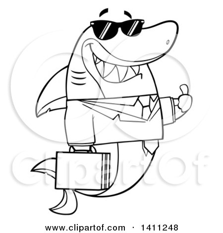 Clipart of a Cartoon Black and White Lineart Business Shark Mascot Character Wearing Sunglasses and Giving a Thumb up - Royalty Free Vector Illustration by Hit Toon