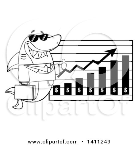 Clipart of a Cartoon Black and White Lineart Business Shark Mascot Character Wearing Sunglasses and Giving a Thumb up by a Profit Chart - Royalty Free Vector Illustration by Hit Toon